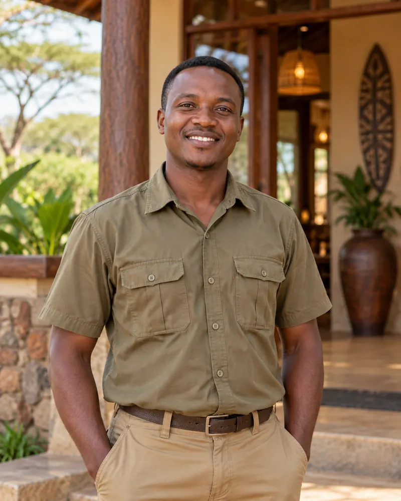 Safari guide welcoming guests at a Tanzania safari lodge