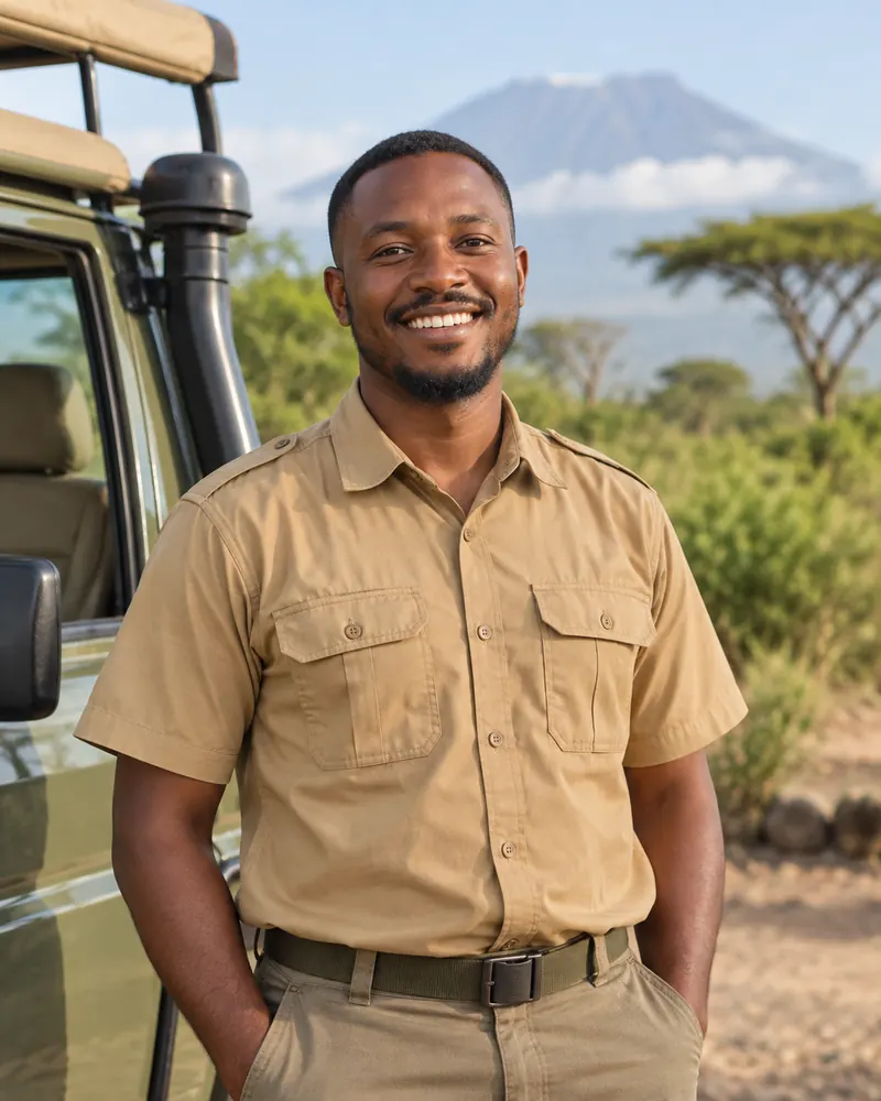Driver-guide standing by a 4x4 safari vehicle near Kilimanjaro