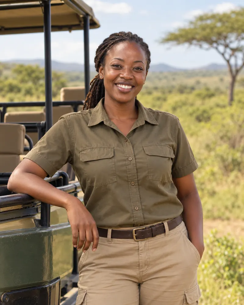 Safari guide beside a game-drive vehicle on the plains