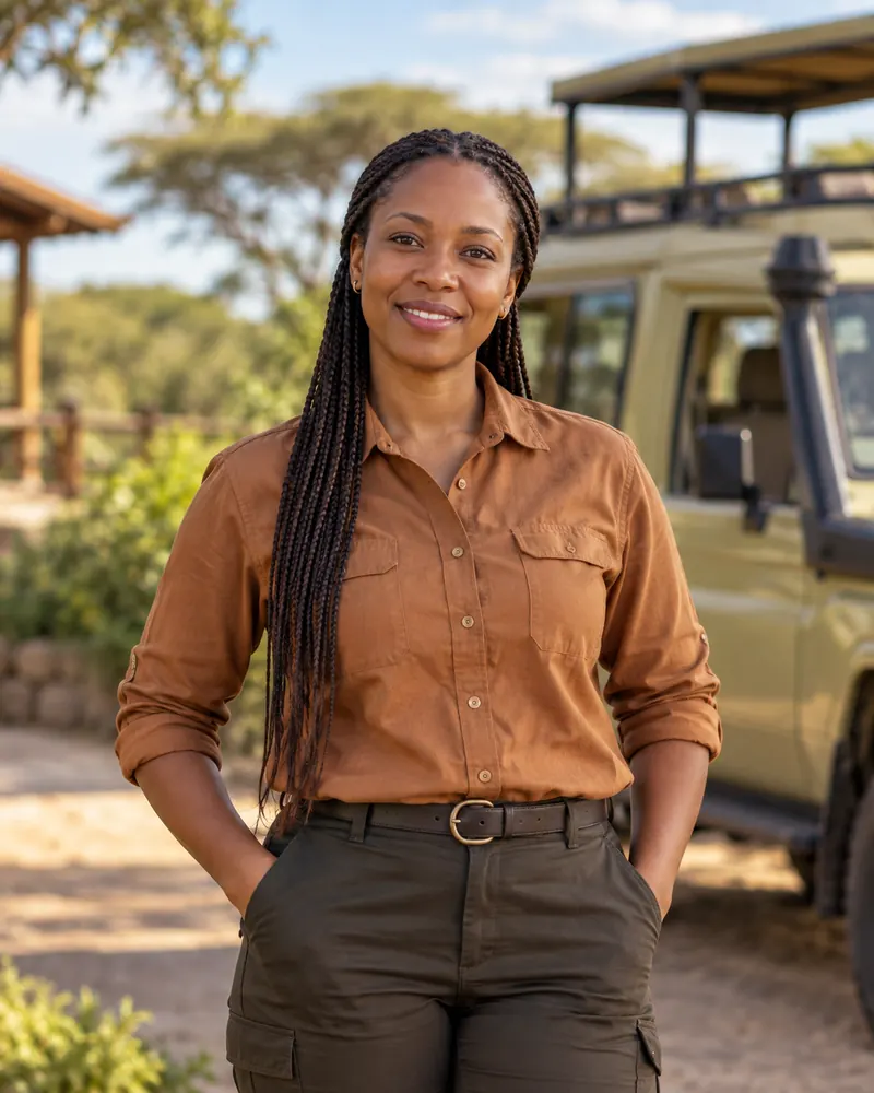 Trip coordinator on location beside a safari vehicle